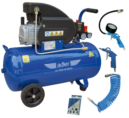 Przejdź do produktu ADLER ZESTAW SPRĘŻARKA POWIETRZA OLEJOWY KOMPRESOR AD2050-50-8bar 230V + akcesoria